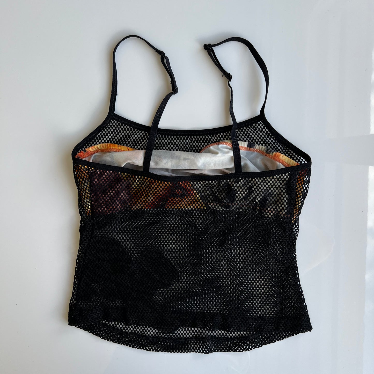 Vintage 90's Skater Rave Black Fishnet Cami Top with Orange Camo Insert (XS)