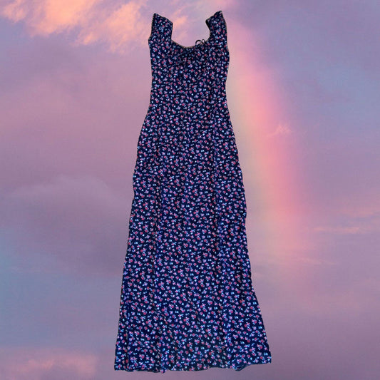 Vintage 90’s Romantic Black Floral Milkmaid Maxi Dress (XS)