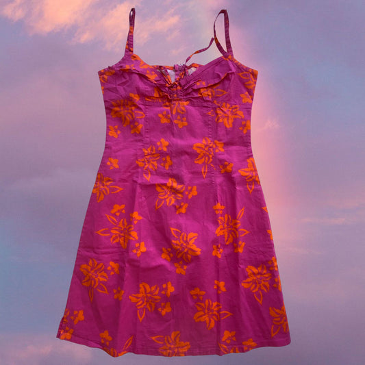 Vintage 90’s Summer Hot Pink and Orange Hibiscus Mini Dress (S)