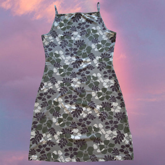 Vintage 90’s Summer Khaki Hibiscus High Neck Mini Dress (M)