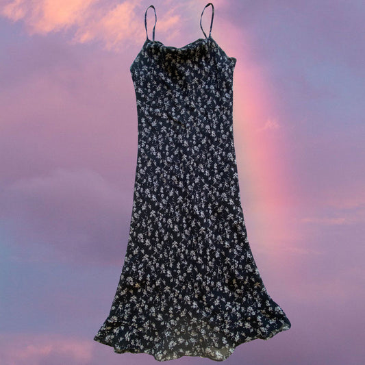 Vintage 90’s Whimsigoth Black Floral Midi Dress (S)