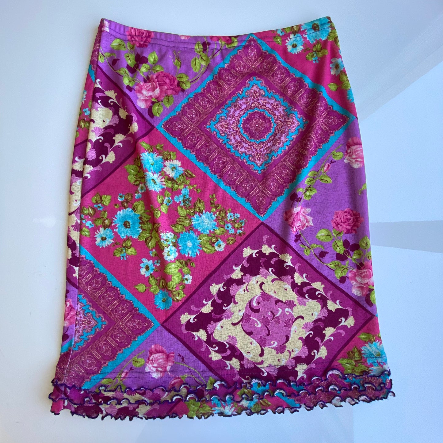 Vintage 90’s Groovy Pink Patchwork Mesh Midi Skirt (M)