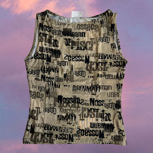 Vintage 90's Archive Khaki Tank Top with Text Graphic Print (S/M)