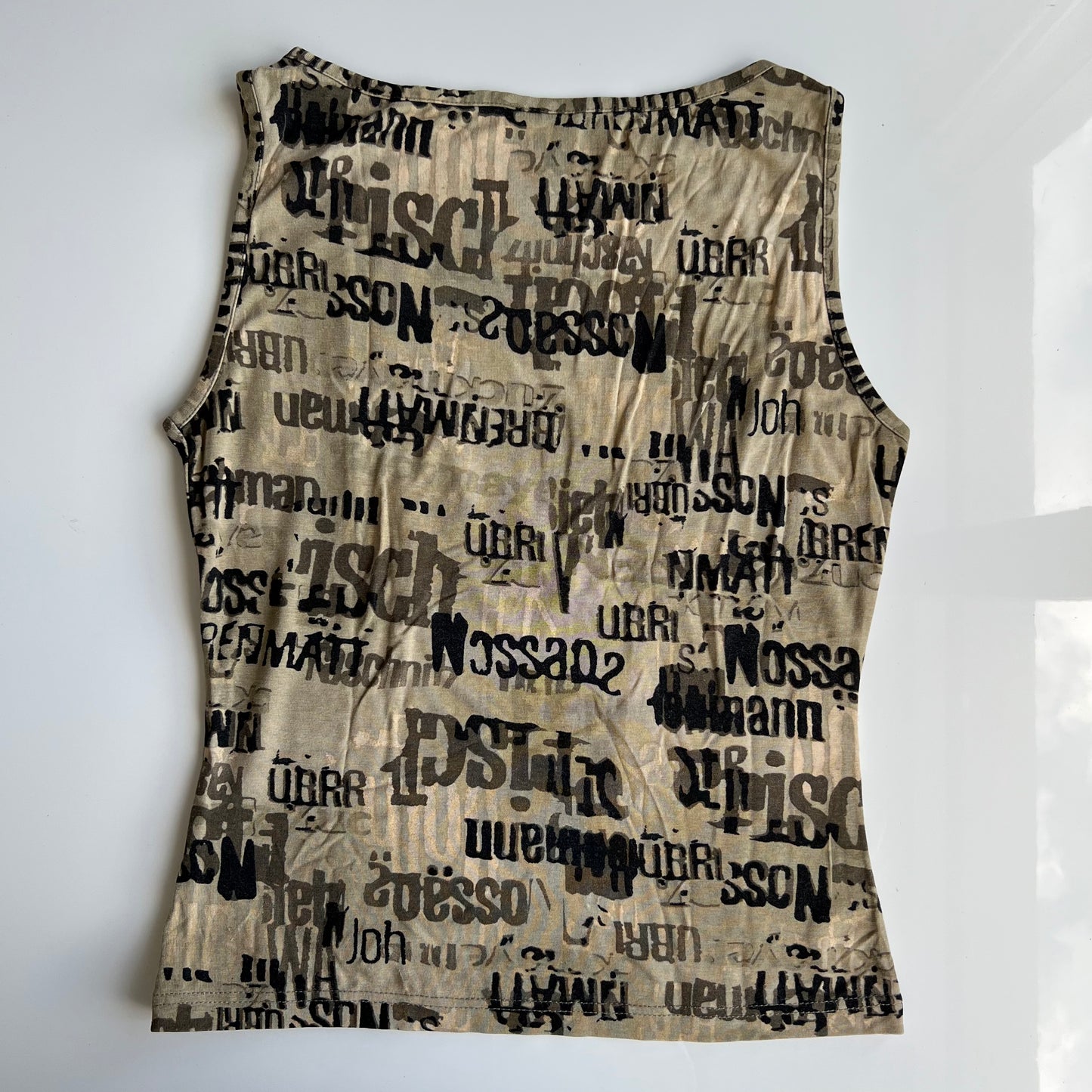 Vintage 90's Archive Khaki Tank Top with Text Graphic Print (S/M)