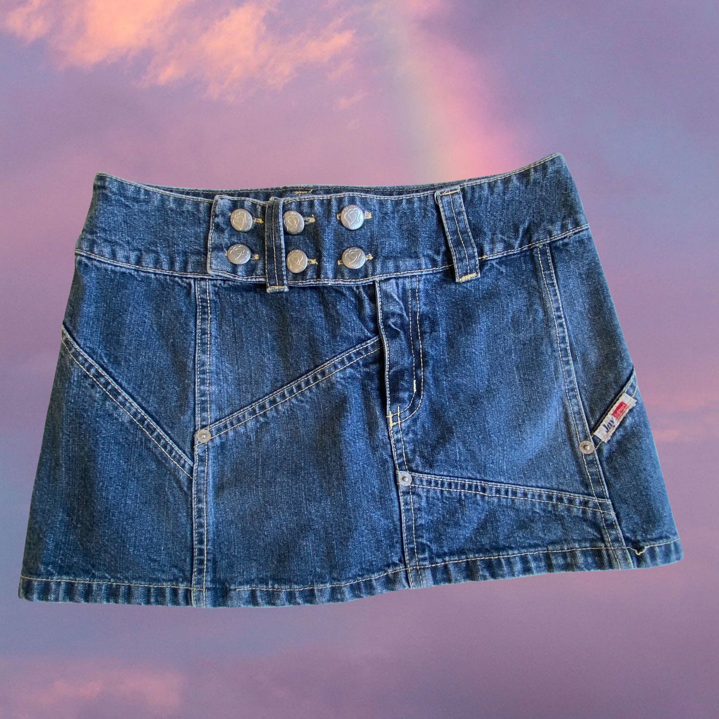 Vintage 90’s Grunge Denim Mini Skirt with Belt Buckle Detail and Contrast Stitch (XS)