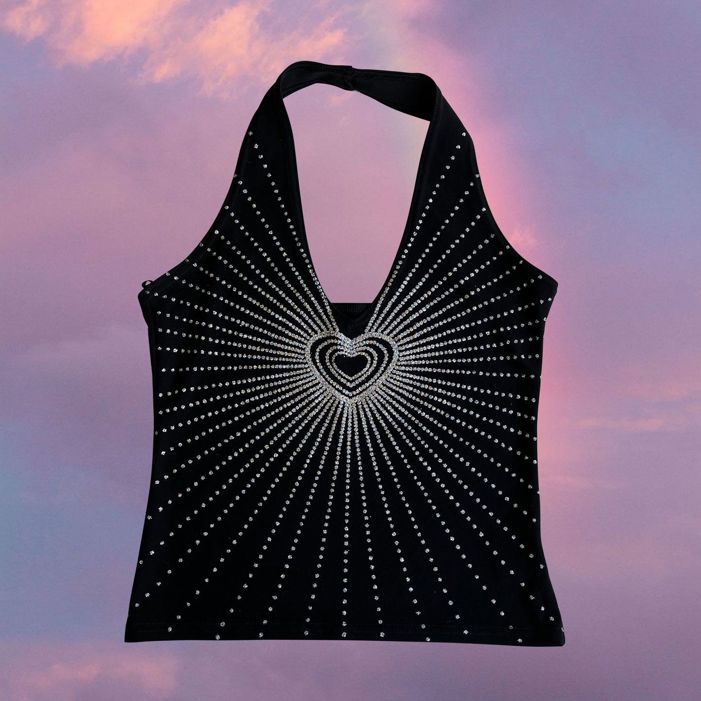 Vintage 90's Rockstar Black Halter Top with Diamante Heart Detail (S/M)