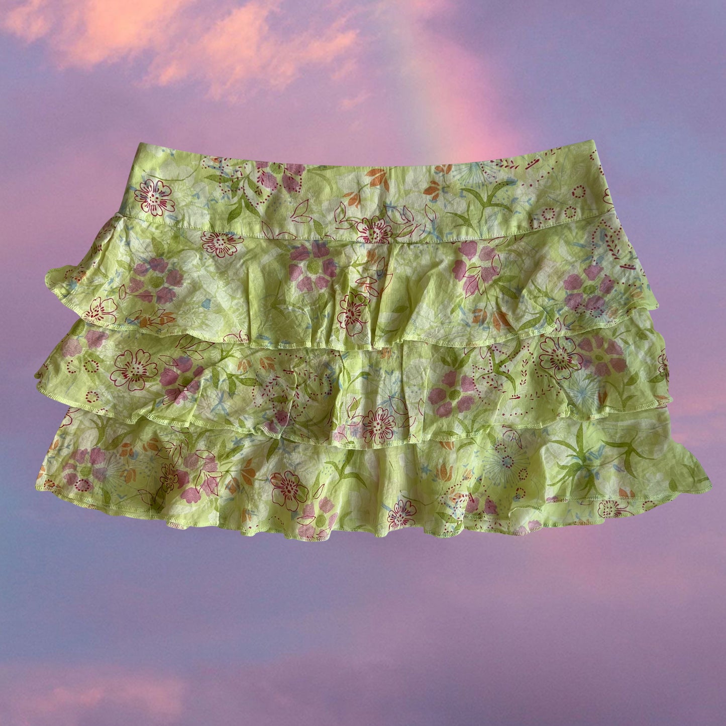 Vintage 90's Boho Fairy Green Floral Ruffle Mini Skirt (S)