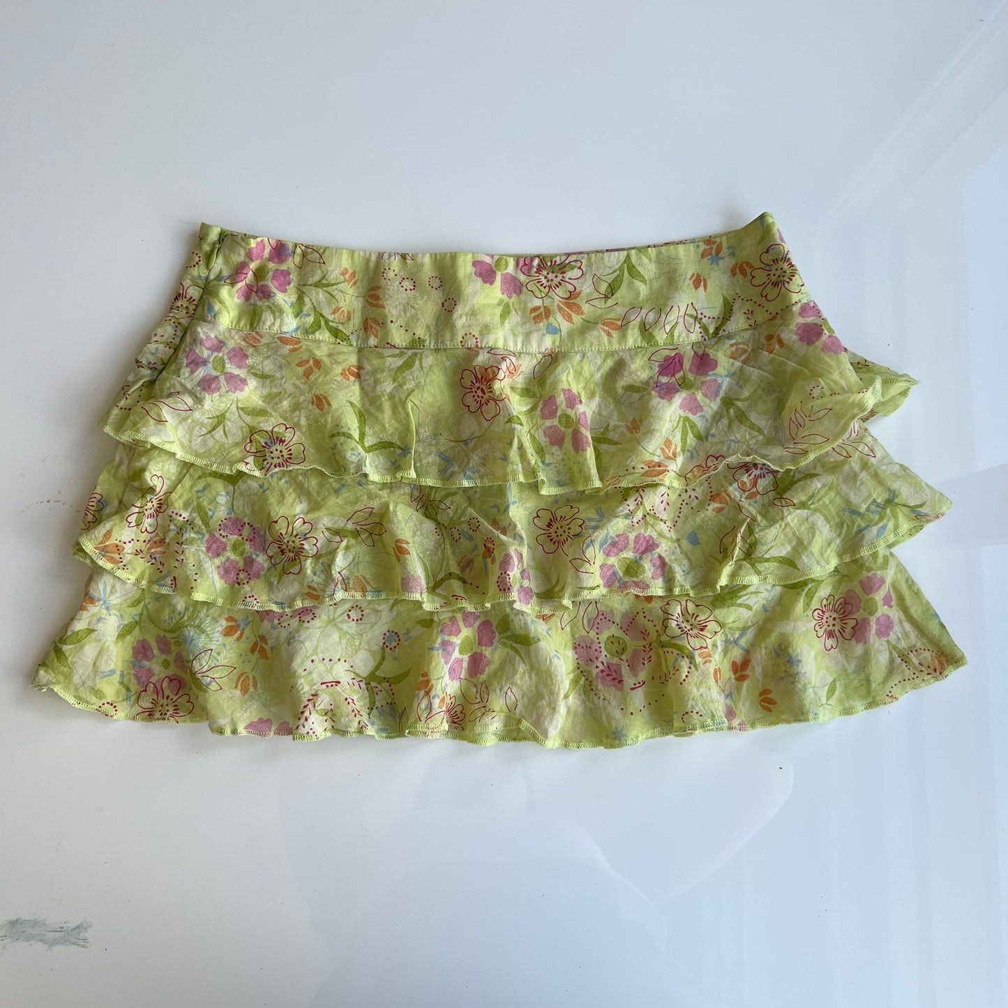 Vintage 90's Boho Fairy Green Floral Ruffle Mini Skirt (S)