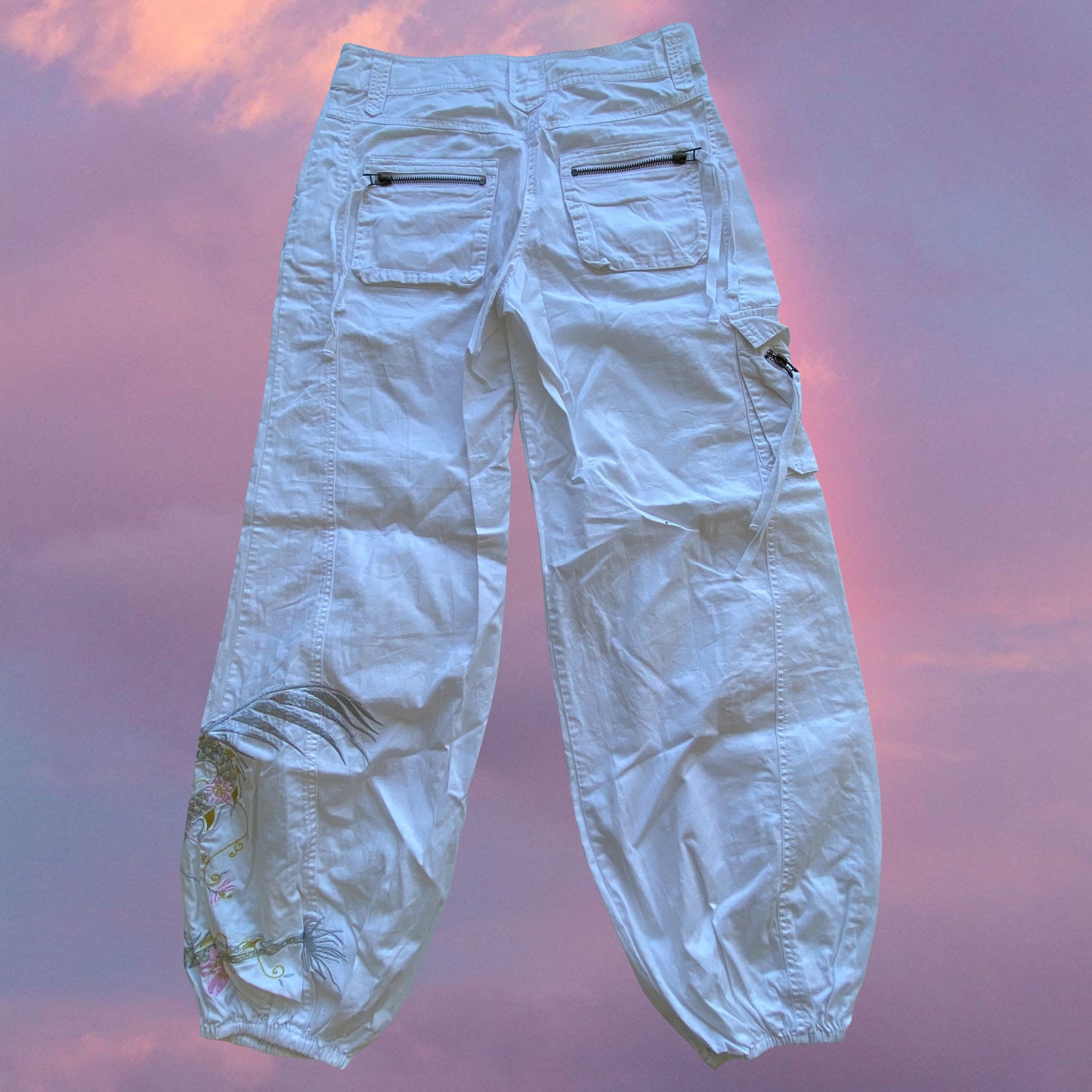 Vintage 90's White Low Waist Baggy Cargos with Dragon Embroidery (36 EU - UK 8 - US 4)