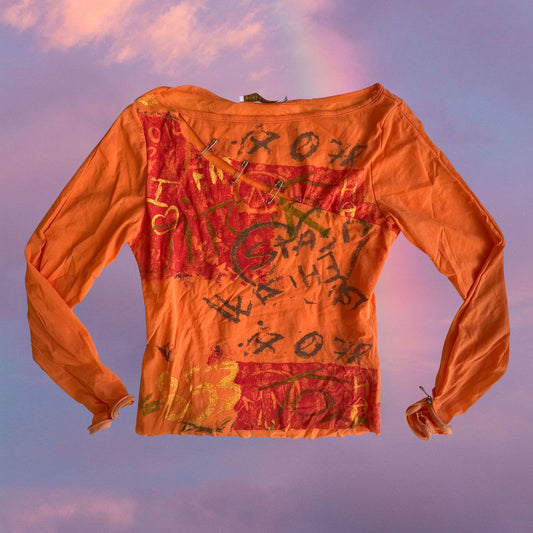 Vintage 90's Archive Grunge Orange Mesh Longsleeve Top with Safety Pin Detail (M)