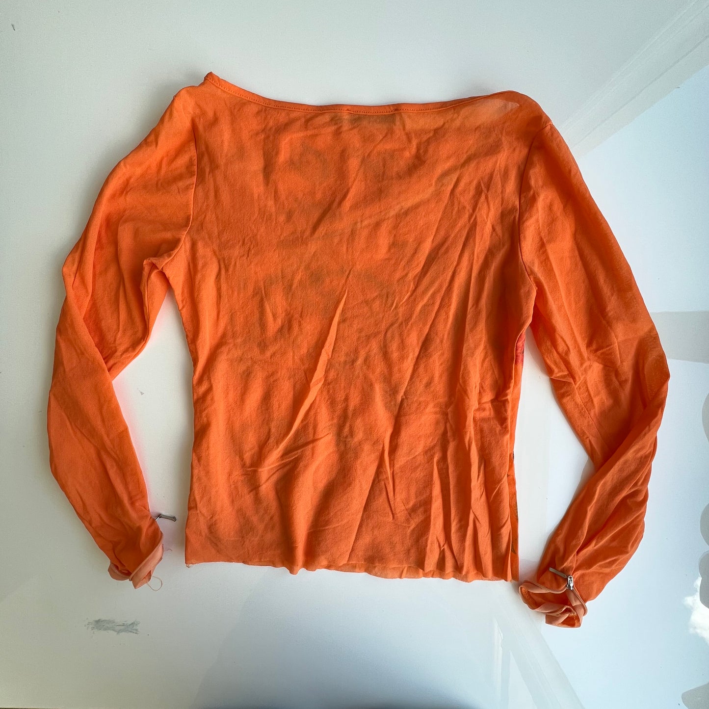 Vintage 90's Archive Grunge Orange Mesh Longsleeve Top with Safety Pin Detail (M)