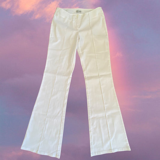 Vintage Y2K Clubwear White Low Waist Pants with Tribal Tramp Stamp Detail (S)