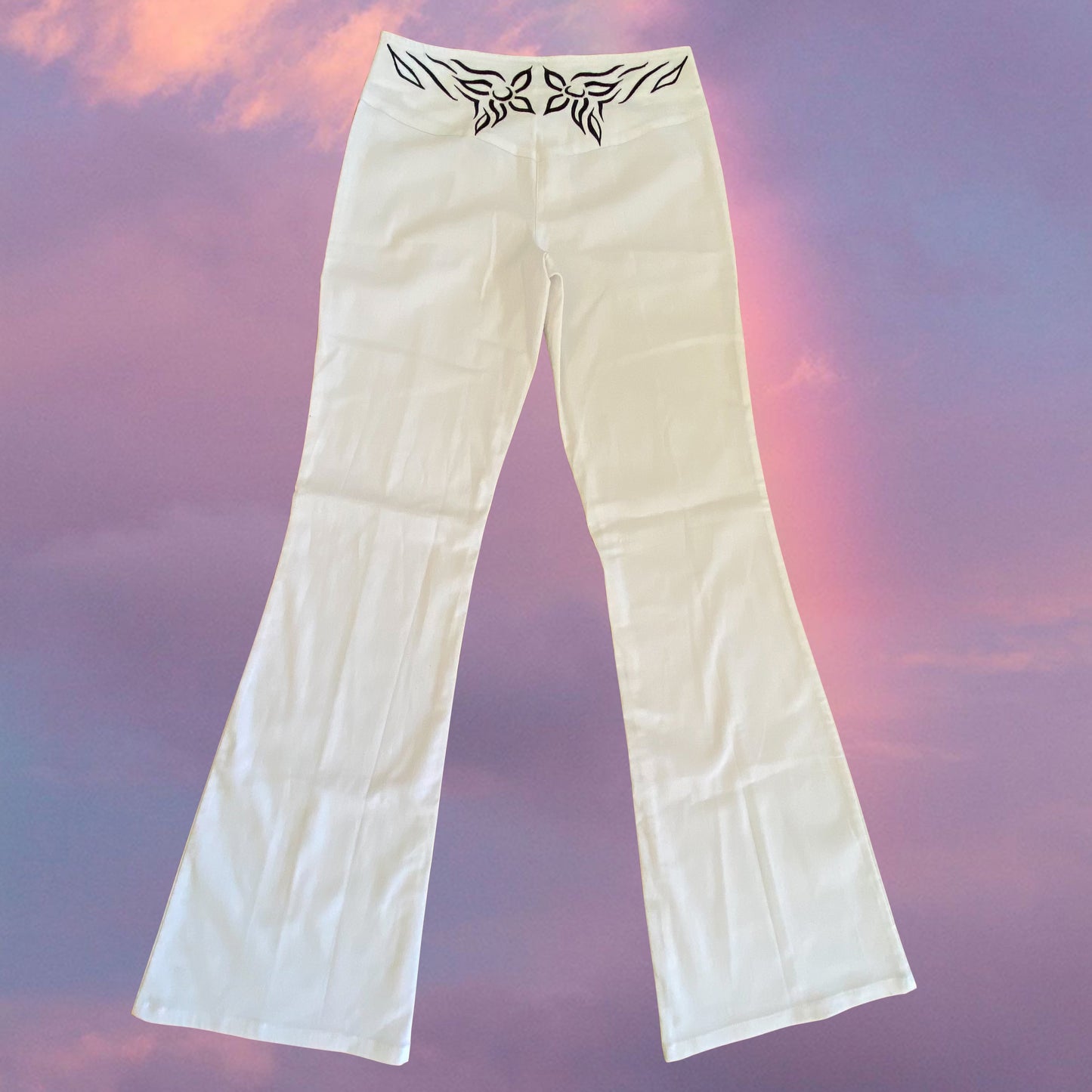 Vintage Y2K Clubwear White Low Waist Pants with Tribal Tramp Stamp Detail (S)