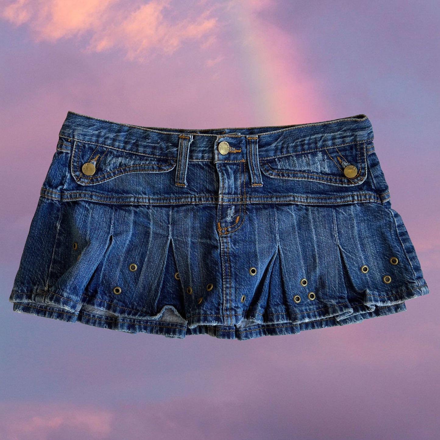 Vintage Y2K Rockstar Blue Denim Pleated Mini Skirt with Grommet Detail (36 EU / UK 8 / US 4)