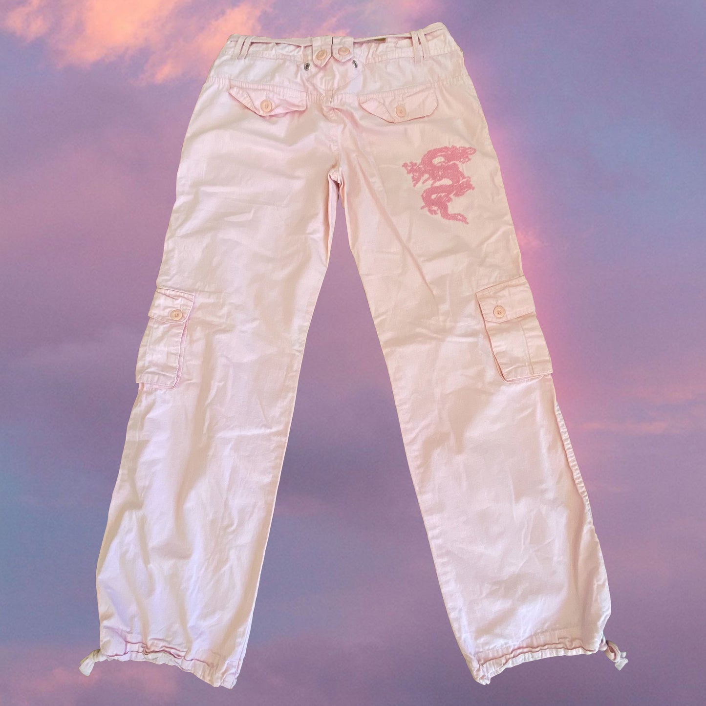 Vintage 90’s Pink Low Waist Baggy Cargo Pants with Dragon Embroidery (S)