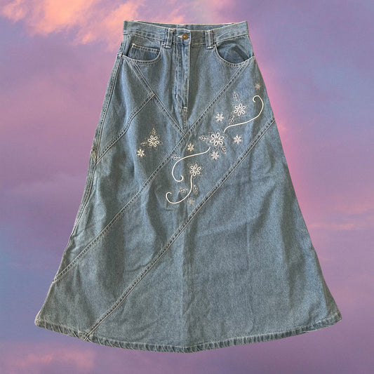 Vintage 90's Indie Hippie Light Blue Denim Maxi Skirt with Flower Embroidery (S)