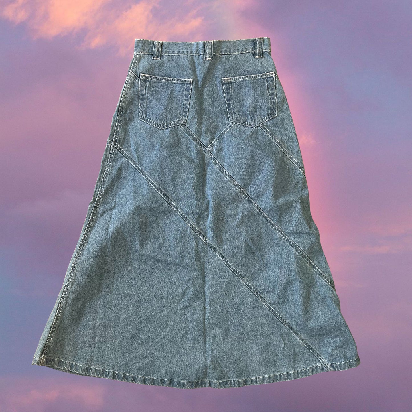 Vintage 90's Indie Hippie Light Blue Denim Maxi Skirt with Flower Embroidery (S)