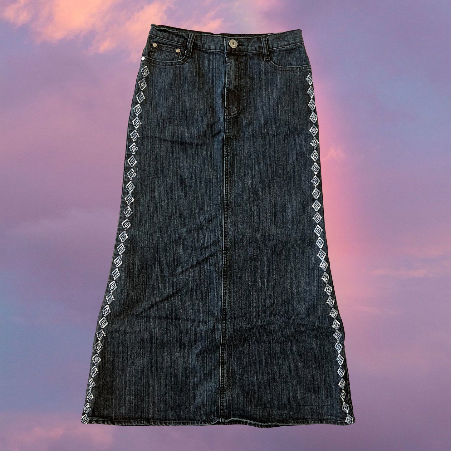 Vintage 90's Indie Hippie Dark Blue Denim Maxi Skirt with Side Embroidery (S)