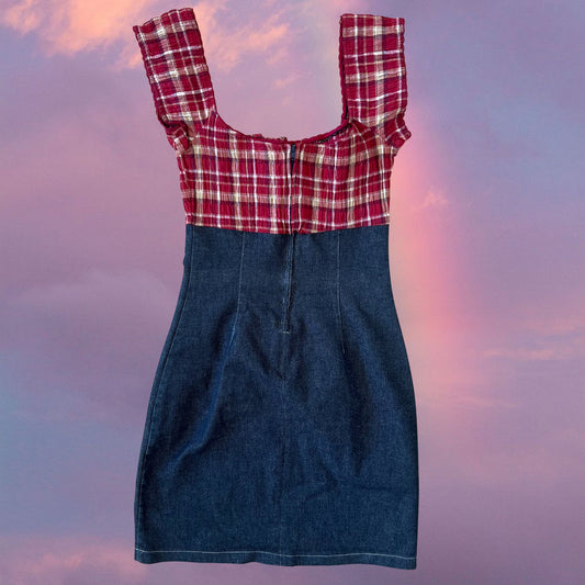 Vintage 90's Romantic Red Plaid and Denim Milkmaid Dress (XS/S)