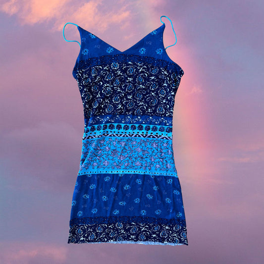 Vintage 90's Summer Indie Hippie Blue Paisley Mini Dress (XS)