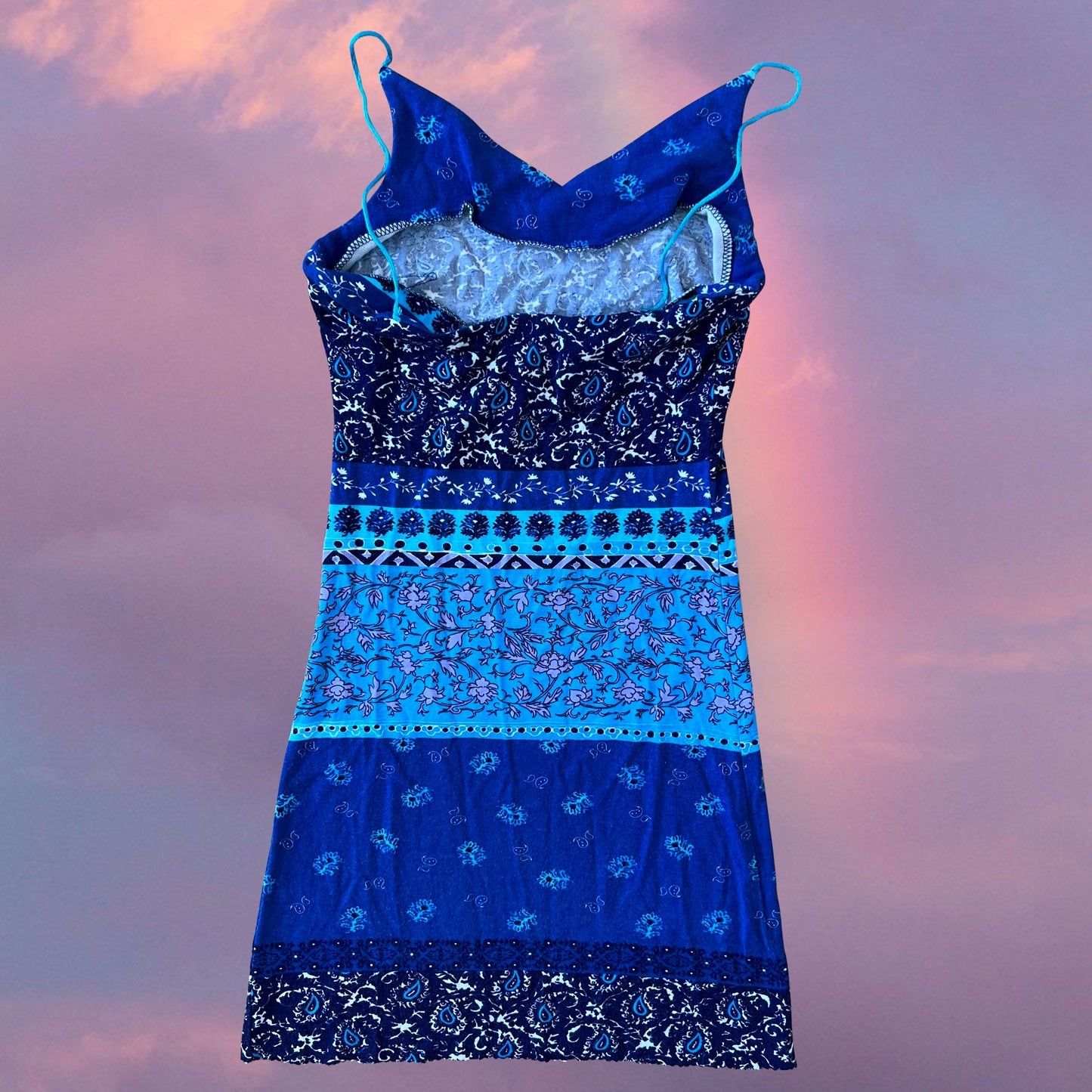 Vintage 90's Summer Indie Hippie Blue Paisley Mini Dress (XS)