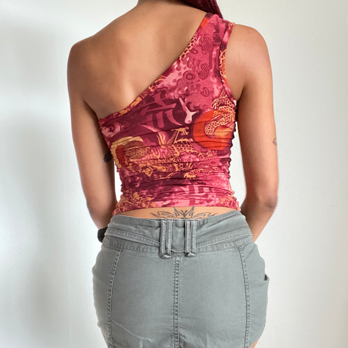 Vintage 90’s Funky One Shoulder Red Dragon Print Top (XS)