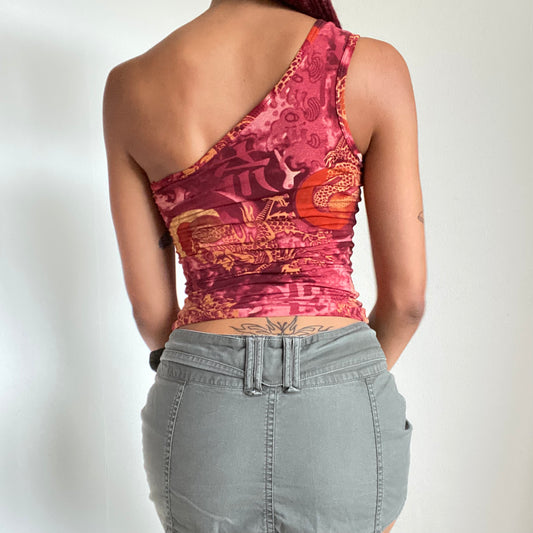 Vintage 90’s Funky One Shoulder Red Dragon Print Top (XS)