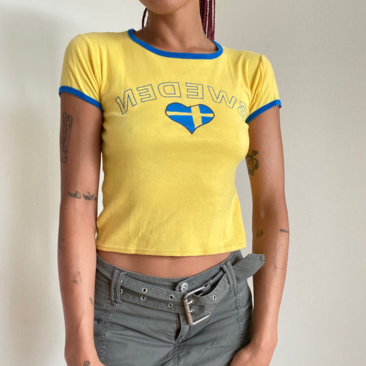 Vintage 90’s Sporty Yellow "Sweden" Flag Baby Tee (S)