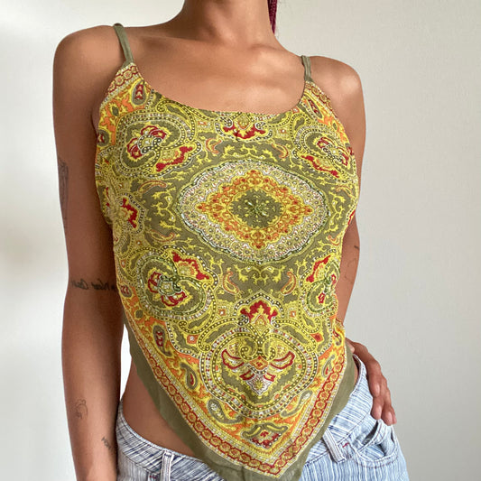 Vintage 90’s Festival Green Boho Print Backless Triangle Top (S/M)