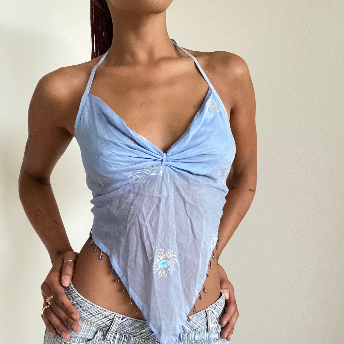 Vintage 90’s Festival Baby Blue Backless Beaded Top (XS/S)