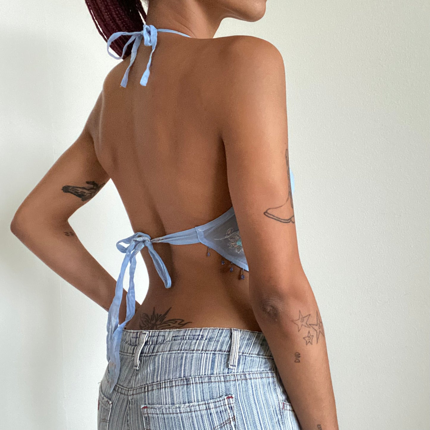 Vintage 90’s Festival Baby Blue Backless Beaded Top (XS/S)