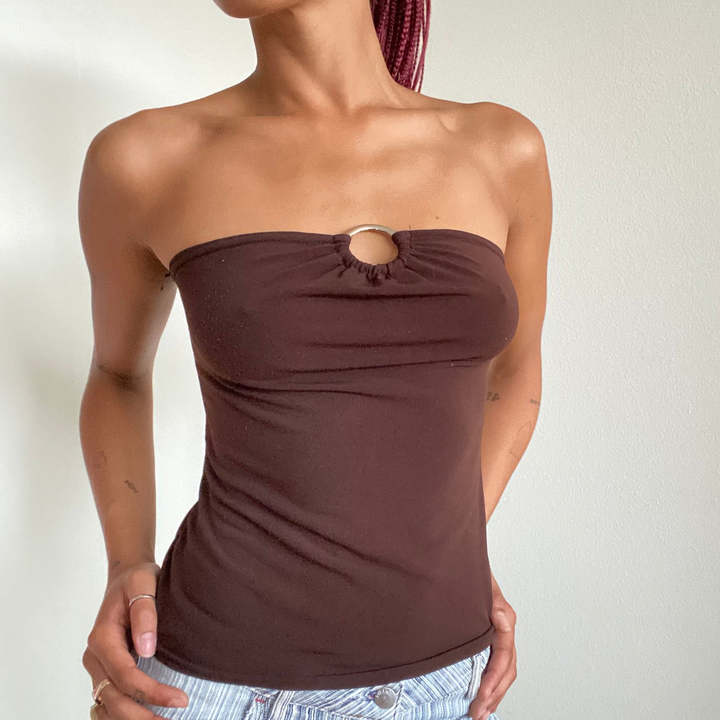 Vintage 90’s Clubwear Brown Tube Top With Ring Detail (S/M)