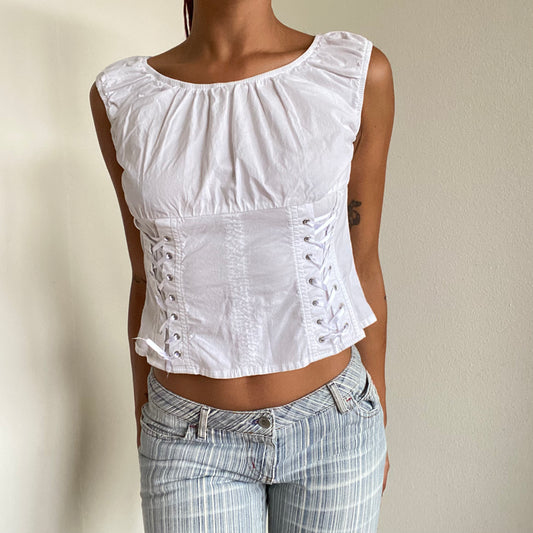 Vintage 90’s White Milkmaid Corset Top with Lace Detail (M)