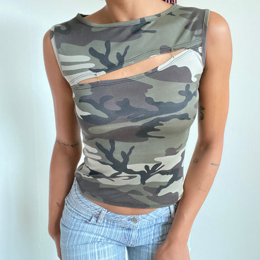 Vintage 90’s Rave Cutout Camo Top with Safety Pin Detail (S/M)