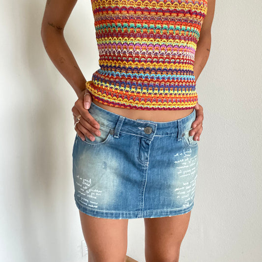 Vintage 90's Funky Blue Denim Mini Skirt with Writing Print (S)