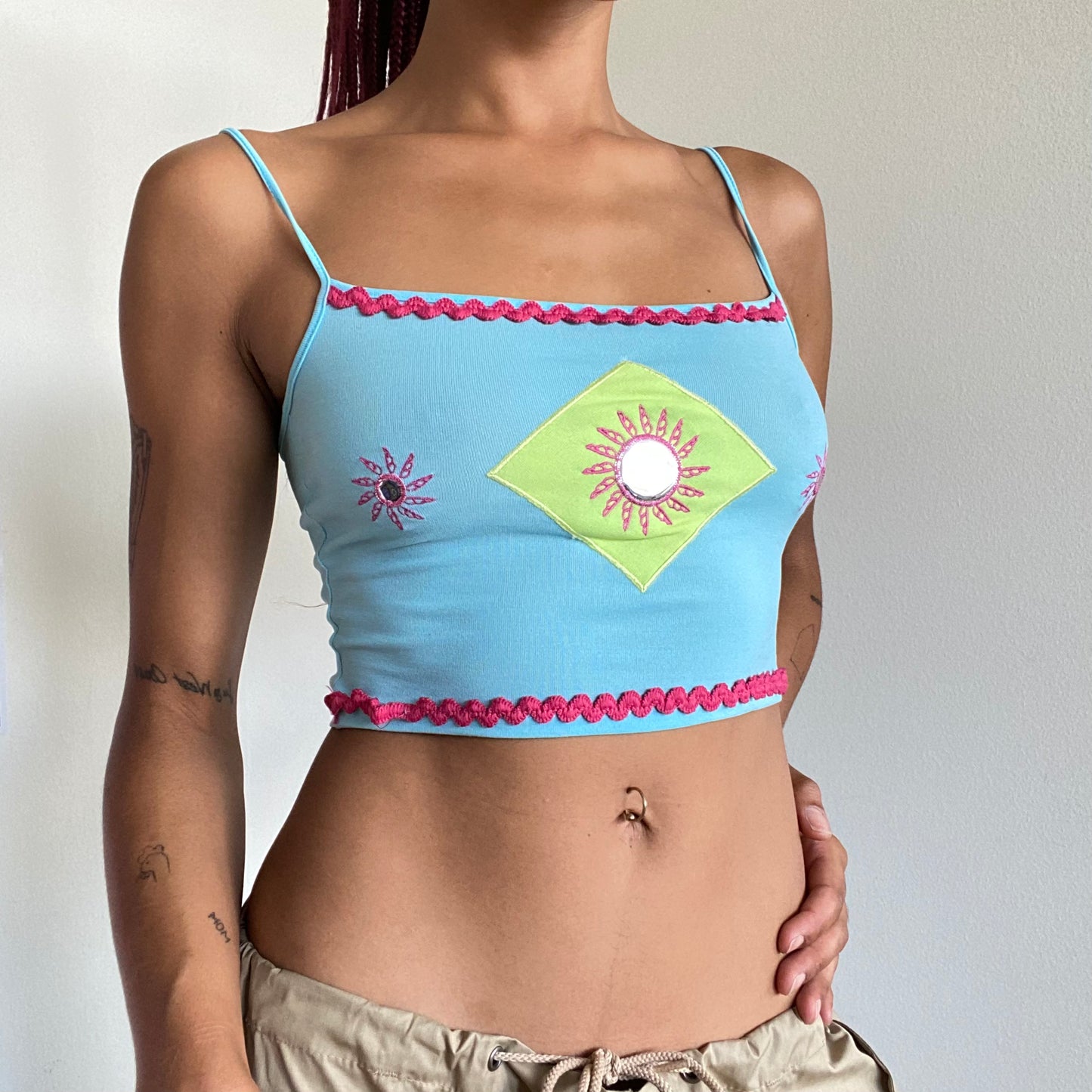 Vintage 90’s Morgan de Toi Baby Blue Festival Cropped Cami Top With Mirror Detail (XS/S)