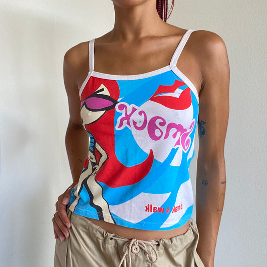 Vintage 90's Rave Funky White Blue and Pink Graphic Cami Top (S/M)