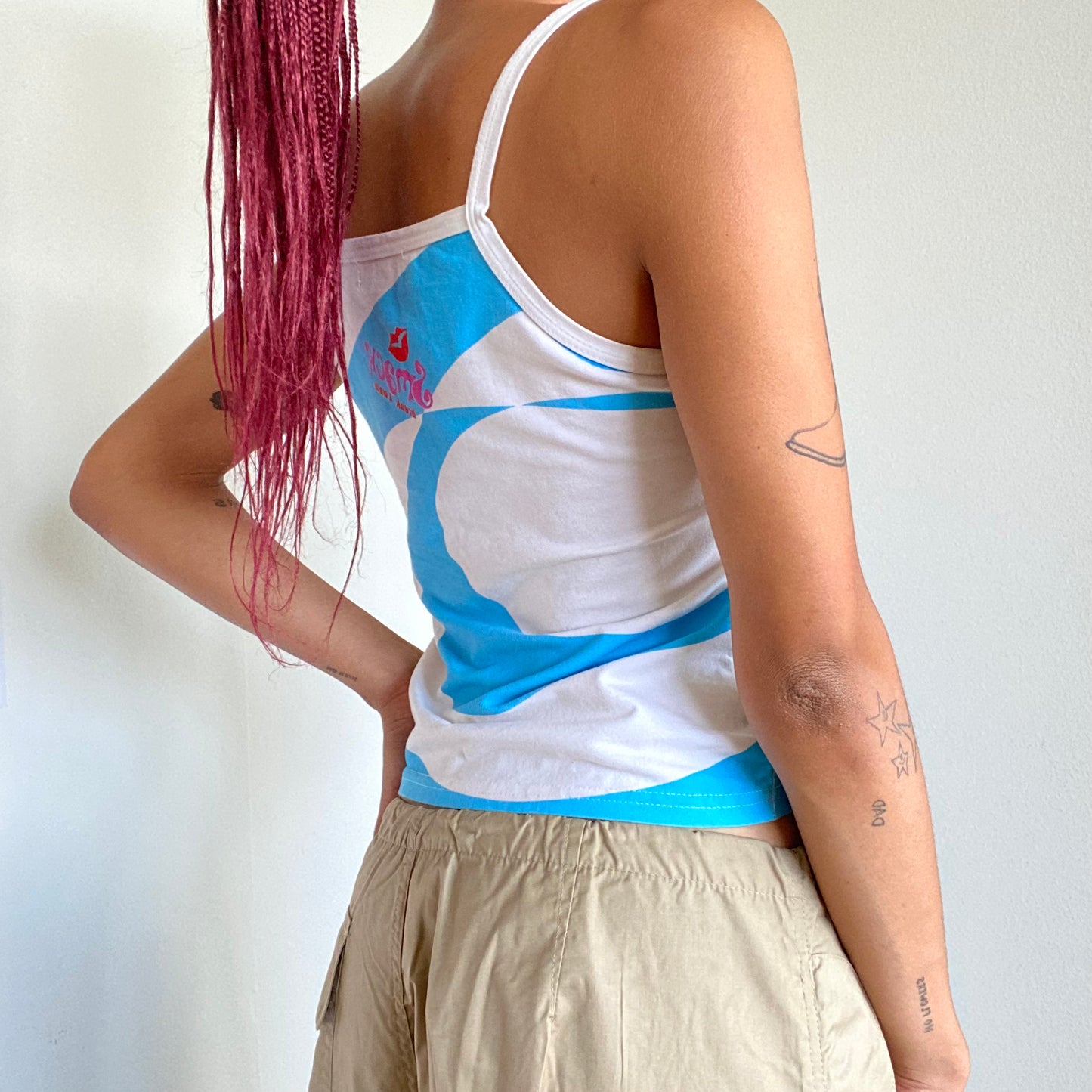 Vintage 90's Rave Funky White Blue and Pink Graphic Cami Top (S/M)