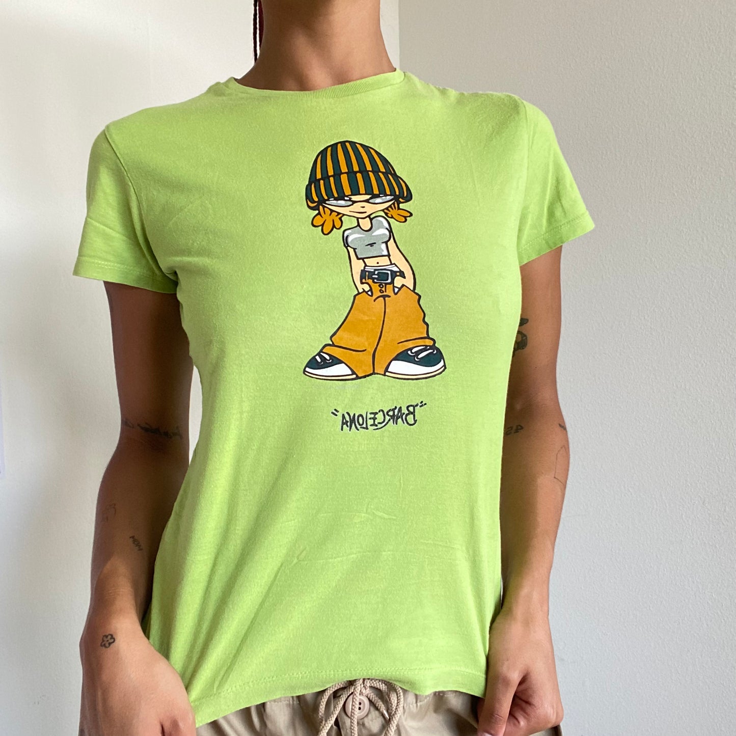 Vintage 90's Skater Lime Green Baby Tee with Skater Girl Print (XS-S-M)