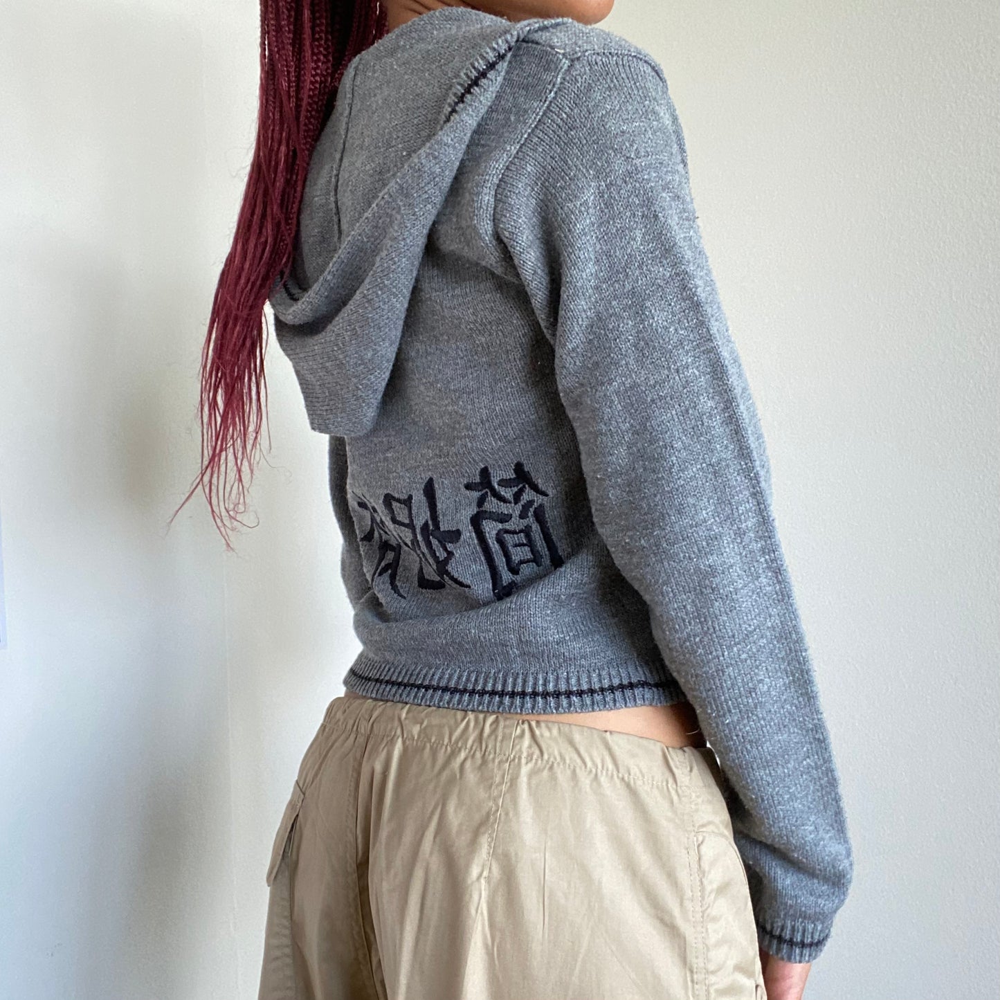 Vintage 90's Skater Grey Knit Zip Up Hoodie With Back Embroidery (XS/S)