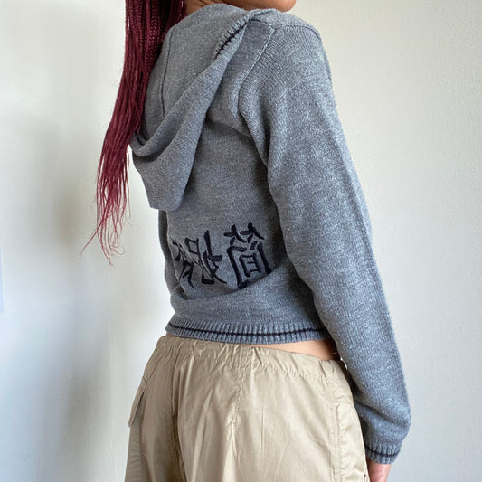 Vintage 90's Skater Grey Knit Zip Up Hoodie With Back Embroidery (XS/S)