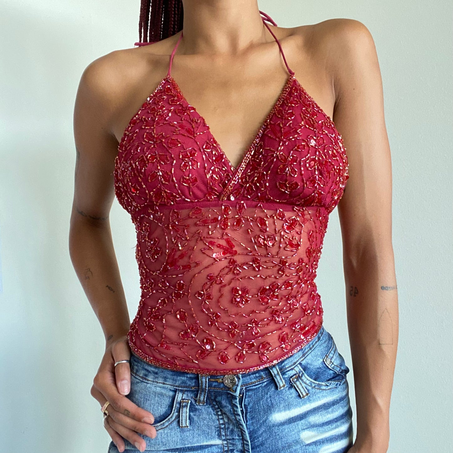 Vintage 90’s Festival Bordeaux Red Beaded Backless Halter Top (S/M)