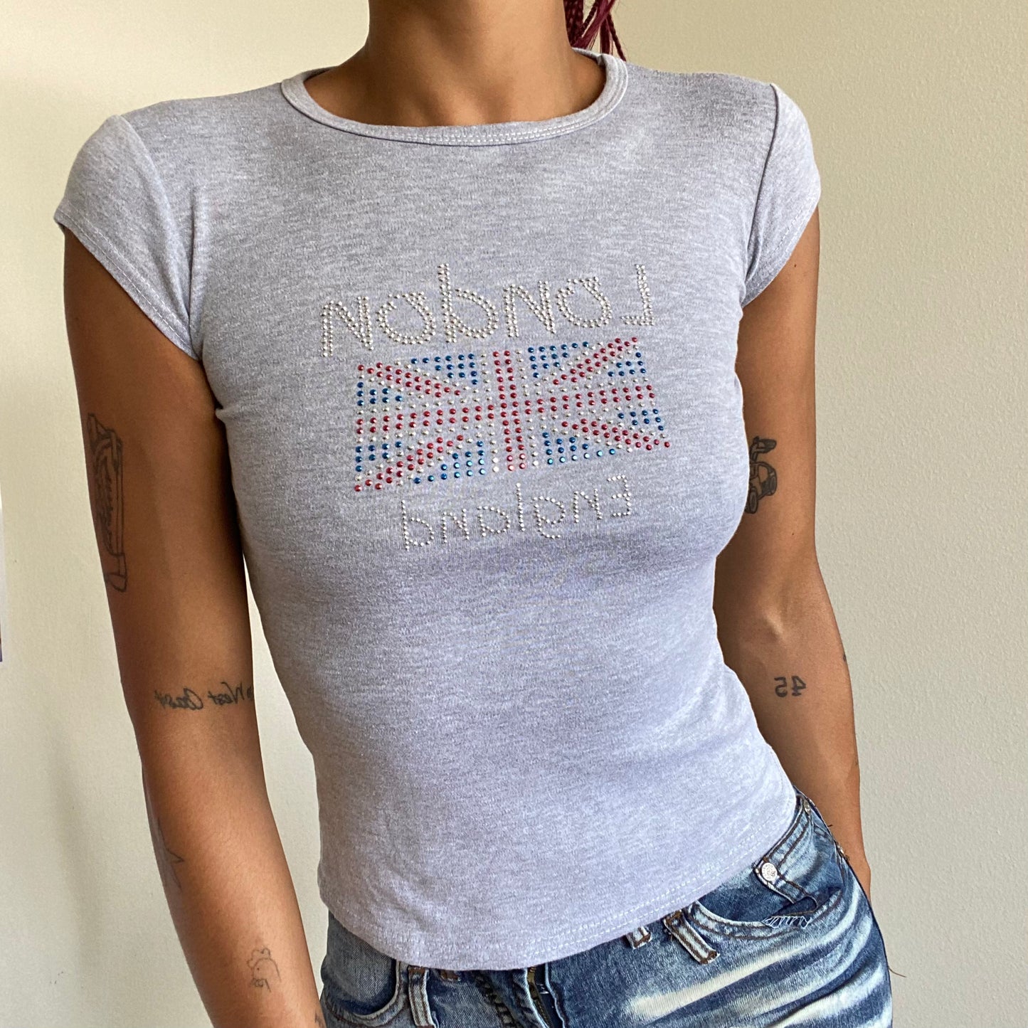 Vintage 90's Skater Rhinestone UK Flag Grey Baby Tee (XS)