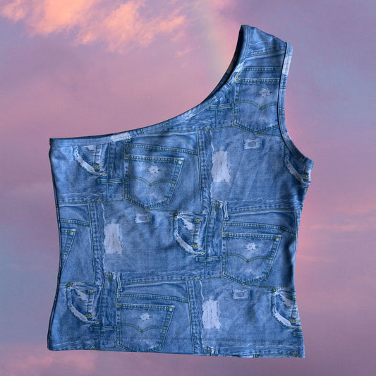 Vintage 90's Rave Jeans Print One Shoulder Top (S/M)