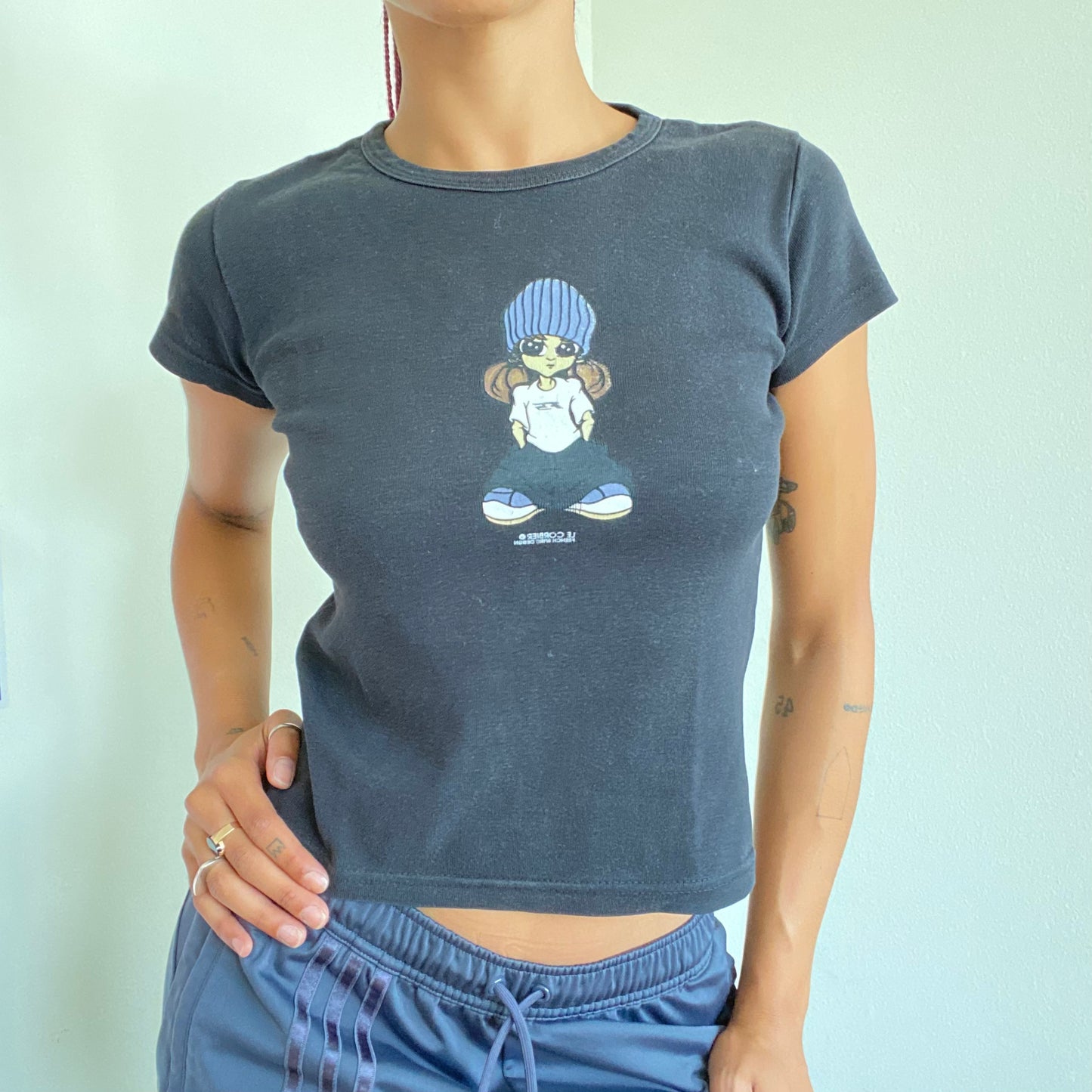 Vintage 90's Skater Black Baby Tee With Skater Girl Print (S/M)