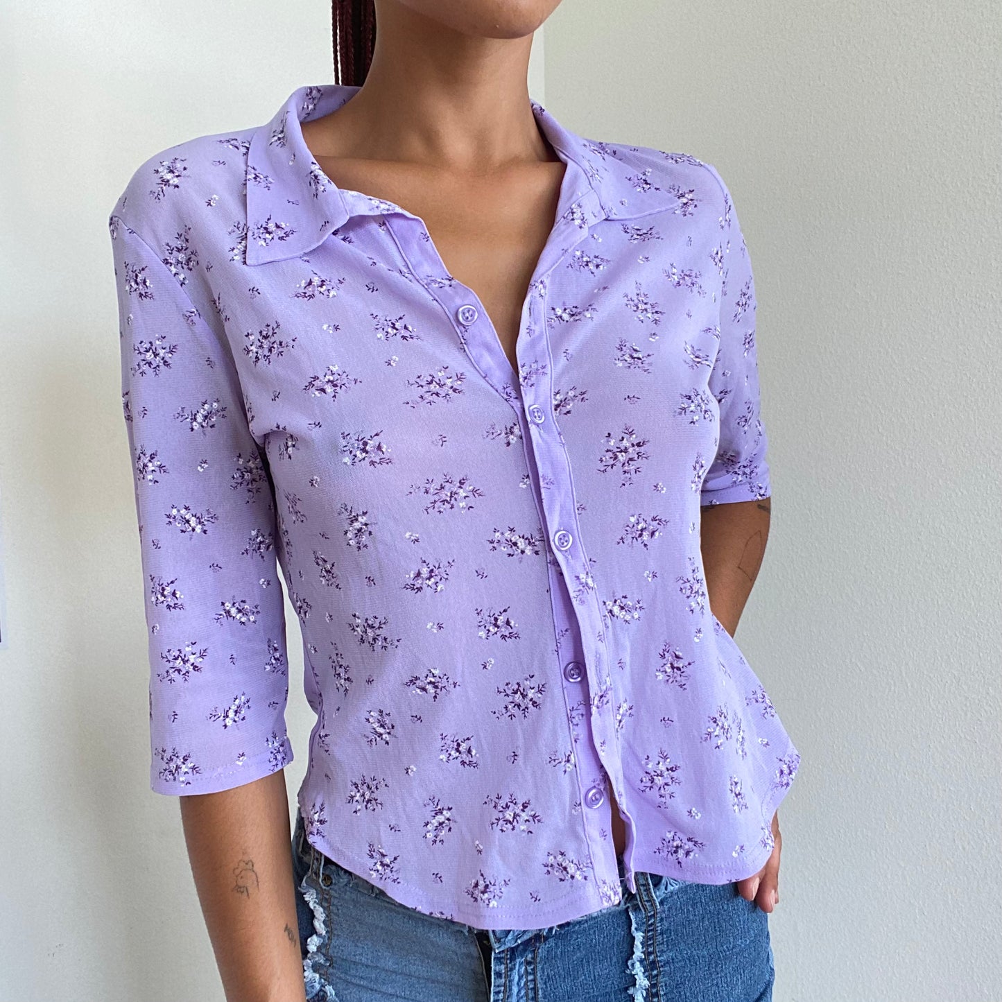 Vintage 90's Fairy Lavender Floral Mesh Button Up Blouse (S/M)