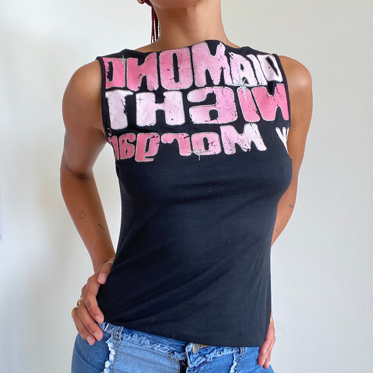 Vintage 90's Morgan de Toi Black Tank Top With Pink Writing (S)