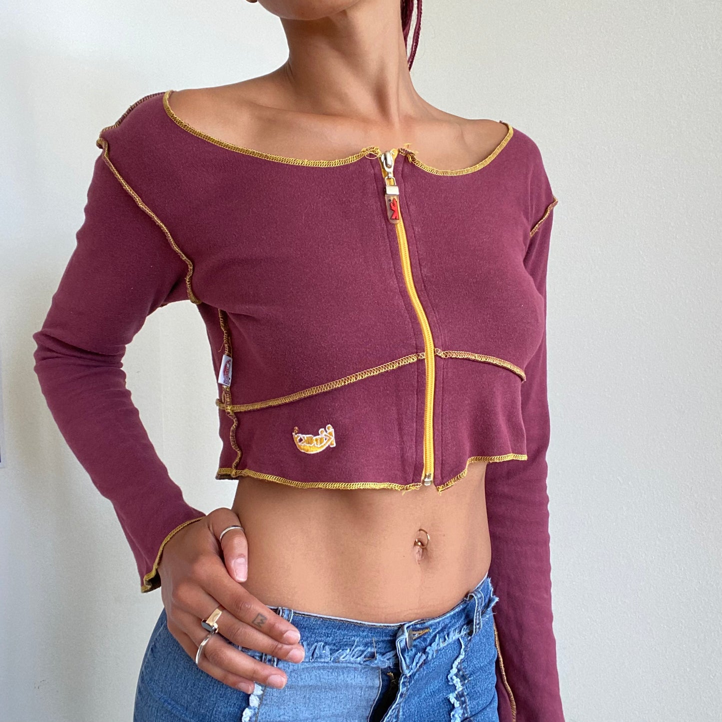 Vintage 90's Rave Bordeaux Red Zip Up Longsleeve with Keyhole Back Detail (S/M)