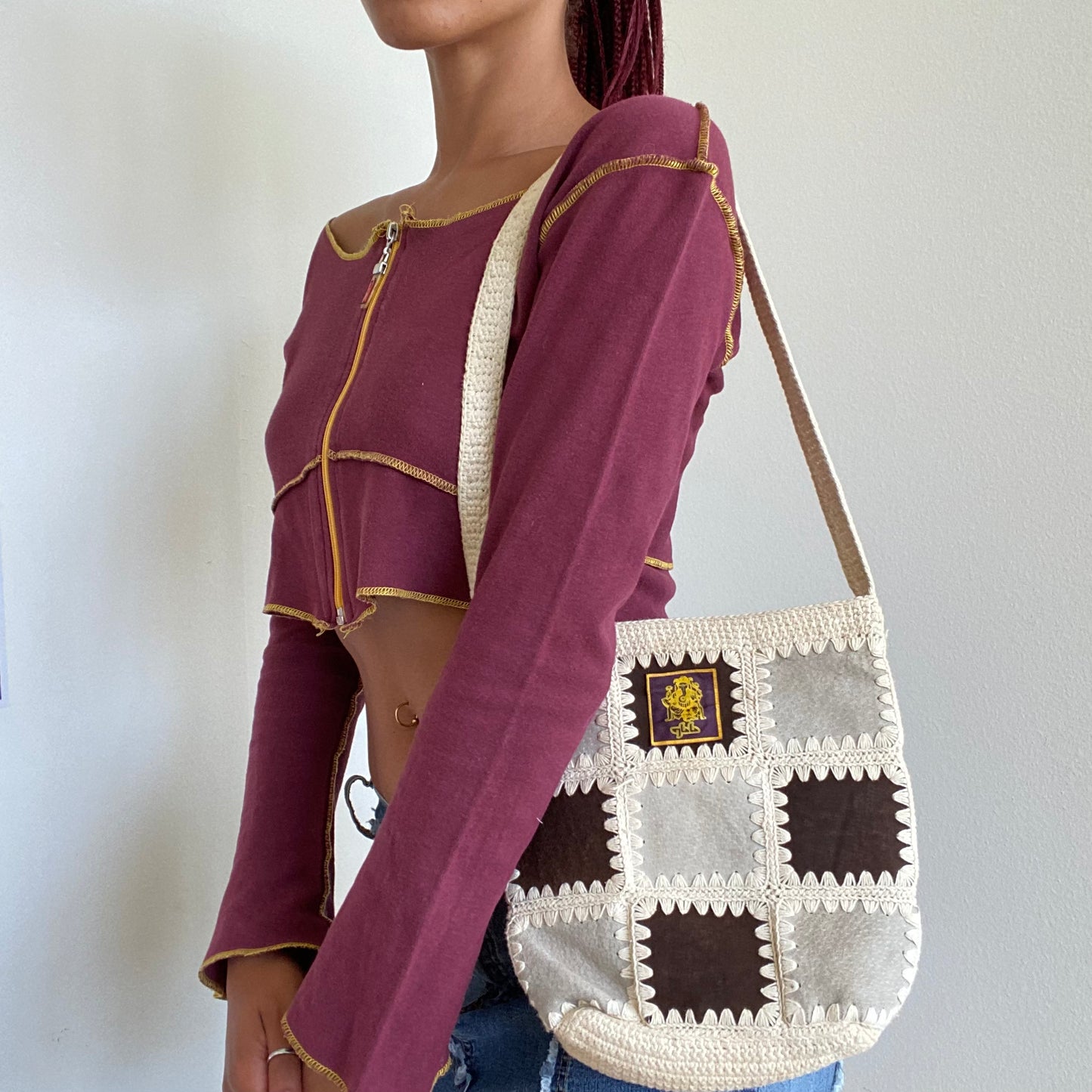 Vintage 90's Hippie Patchwork Crochet and Leather Crossbody Bag