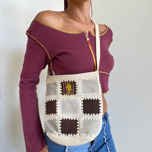 Vintage 90's Hippie Patchwork Crochet and Leather Crossbody Bag